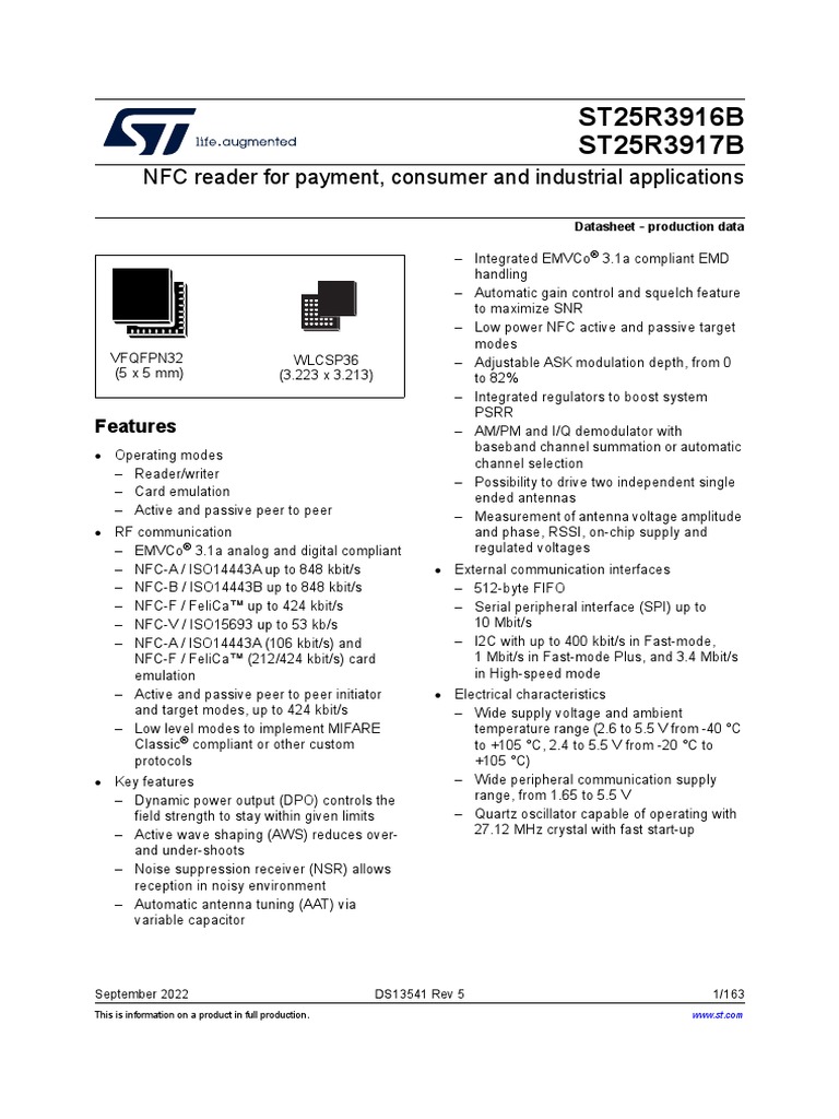 ST25R3916B ST25R3917B: NFC Reader For Payment, Consumer and Industrial
