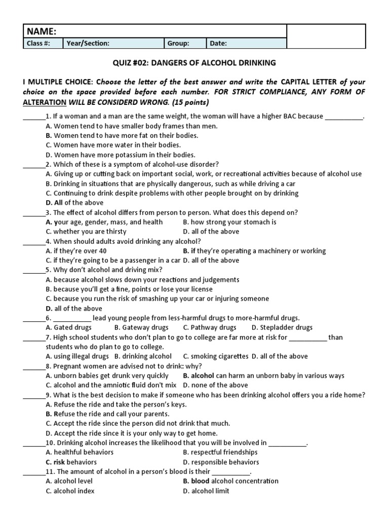 Health 8 4th Quiz #02 Alcohol Drinking | PDF | Substance Abuse | Alcoholism