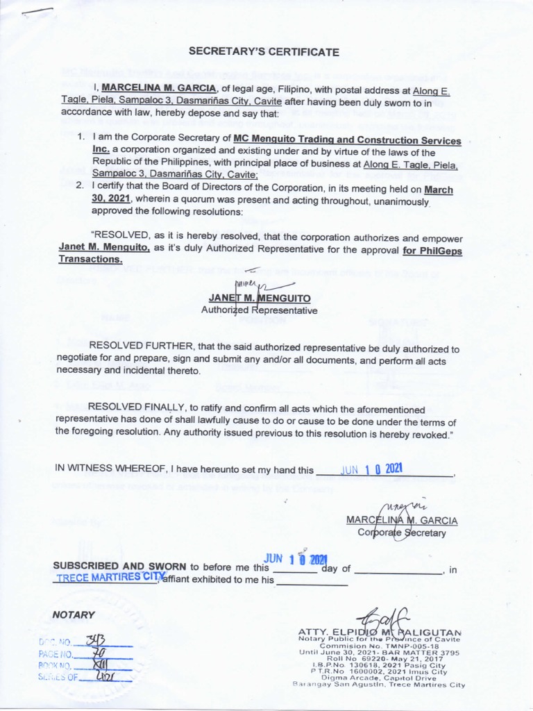 Secretary's Certificate For Authorized Representative | PDF