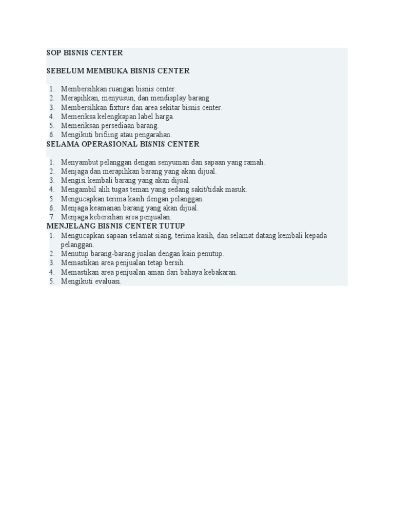 SOP Operasional Bisnis Center | PDF