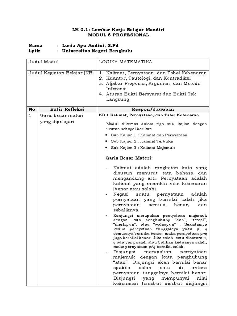 LK 0.1 - Profesional Modul 6 Logika Matematika | PDF