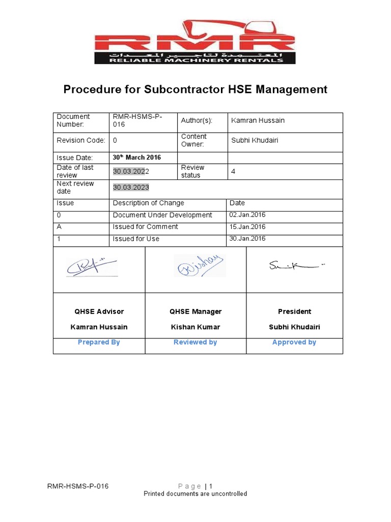 RMR-HSMS-P-016 Procedure For Subcontractor HSE Management | PDF | Business