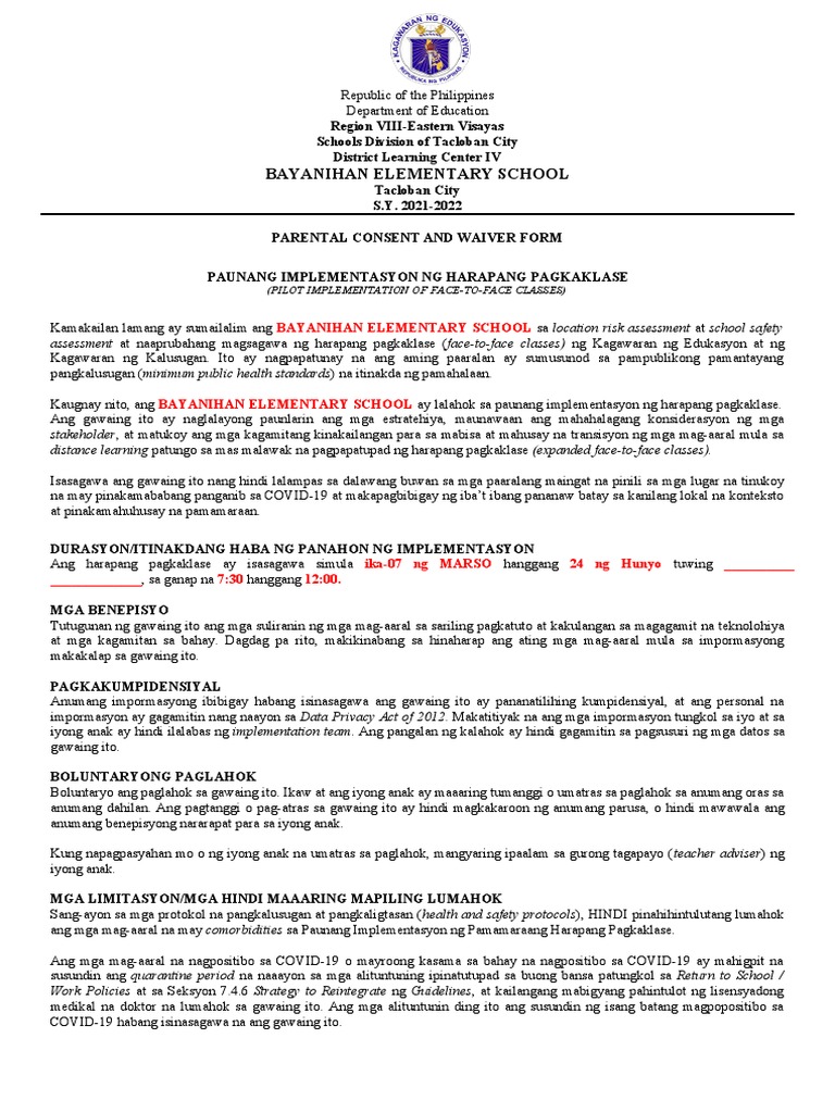 Annex C Parental Consent and Waiver Form 2021 2022 Sample | PDF