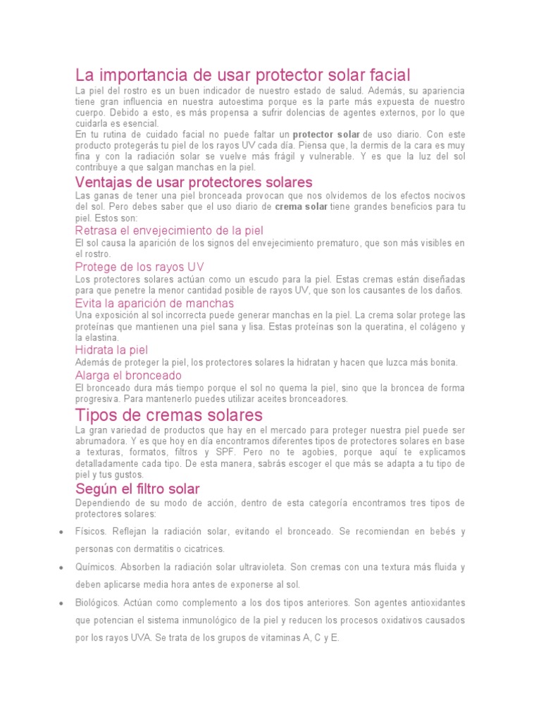 La Importancia de Usar Protector Solar Facial | PDF | Protector solar ...