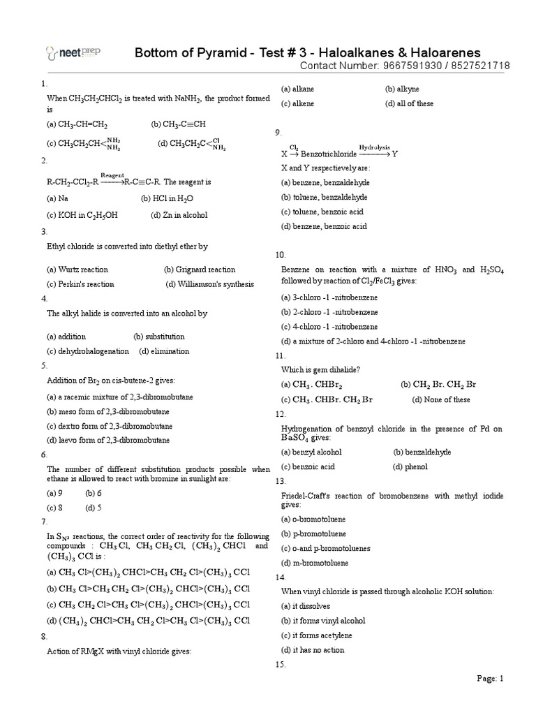 Test 3 Haloalkanes & Haloarenes Bottom of Pyramid PDF Methyl