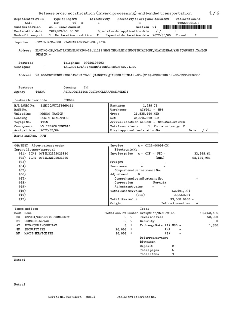 Release Order Notification (Inward Processing) and Bonded ...