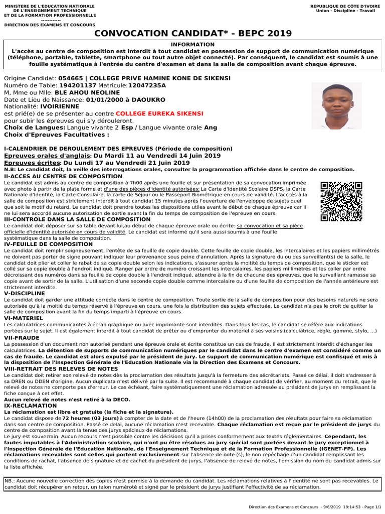Convocation BEPC 2019 - Informations clés | PDF | Évolution de carrière