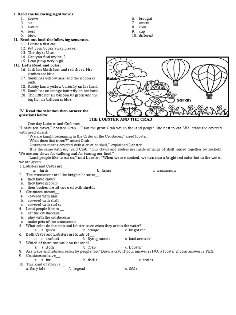 reading assessment tool PDF Crustacean Lobster