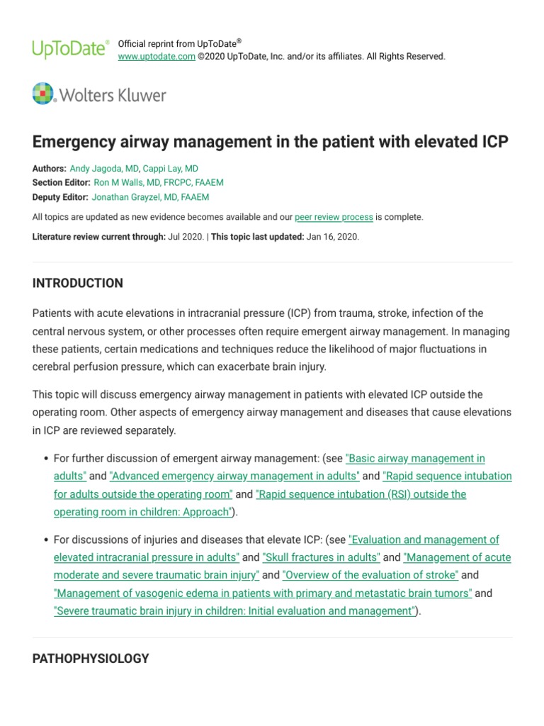 Emergency Airway Management in The Patient With Elevated ICP UpToDate