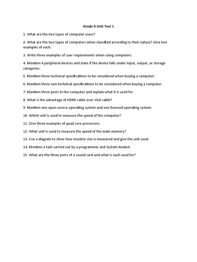 Grade 9 Computer Basics Unit Test | PDF | Computers