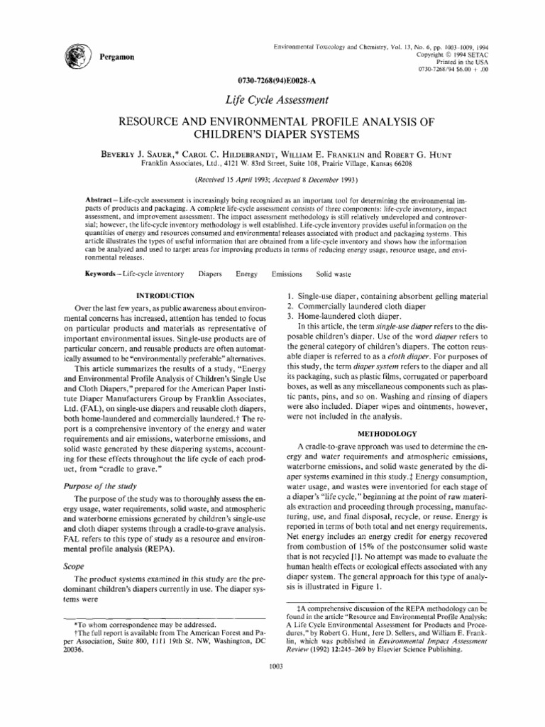 Life Cycle Assessment Resource and Enviromental Profile Analysis of