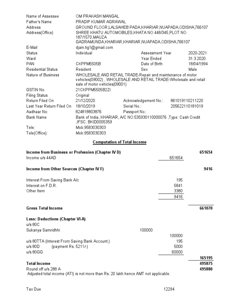 Om Prakash Comp Ay 202021 PDF Banks Tax Refund