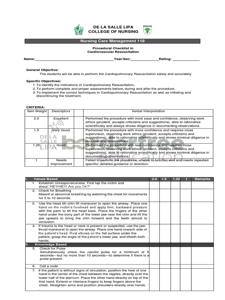 Cardiovascular Resuscitation Checklist | PDF | Cardiopulmonary ...