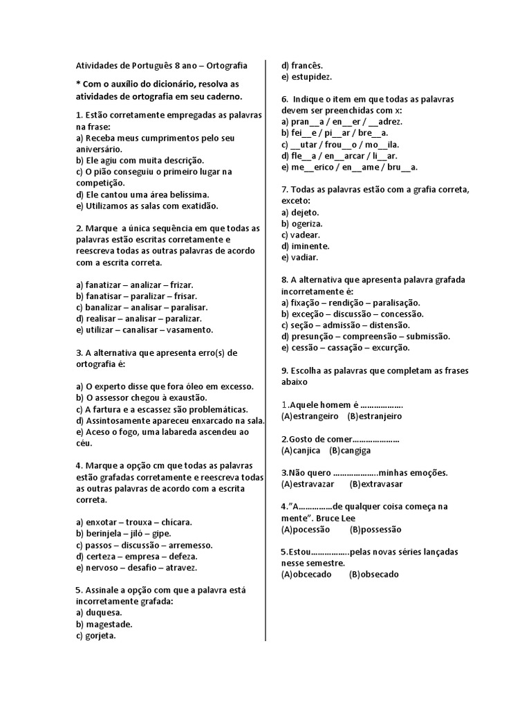 Atividades Ortográficas 8º Ano | PDF