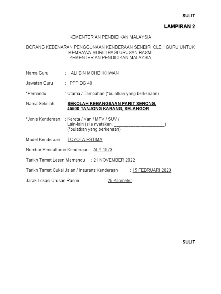 Borang Kebenaran Bawa Kenderaan Sendiri | PDF