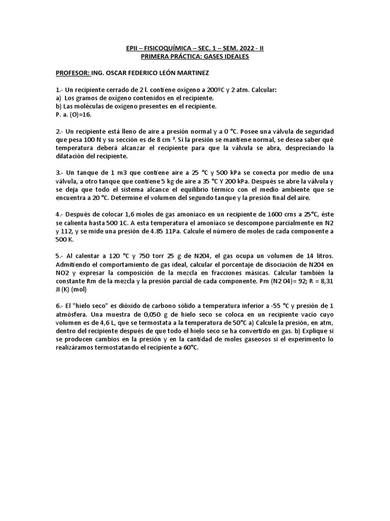 Ejercicios de Gases Ideales | PDF | Cocina, comidas y vino | Ciencia y ...