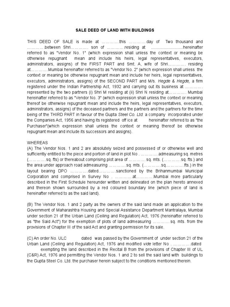 Sale Deed of Land With Buildings | PDF | Deed | Covenant (Law)