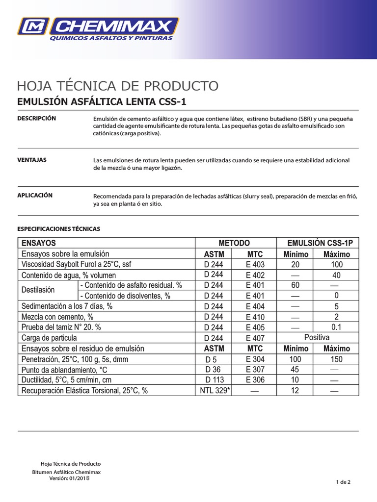 Ficha Técnica Emulsión Asfáltica CSS-1H | PDF | Emulsión | Agua