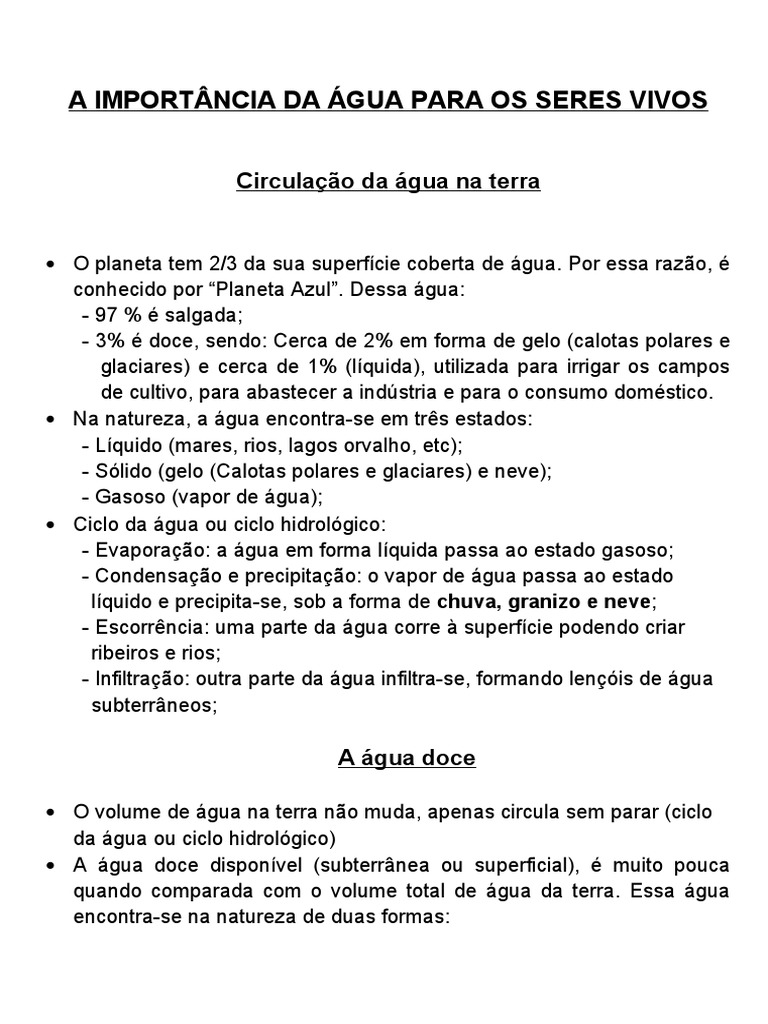 A Importância Da água Para Os Seres Vivos Resumo Download Grátis