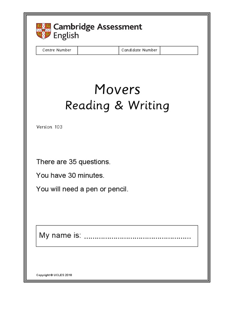 Movers Reading and Writing Question Paper YM103 PDF