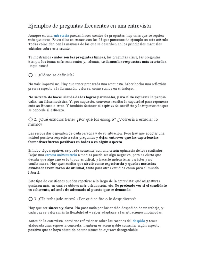 Preguntas Frecuentes en Entrevistas | PDF | Entrevista de trabajo ...