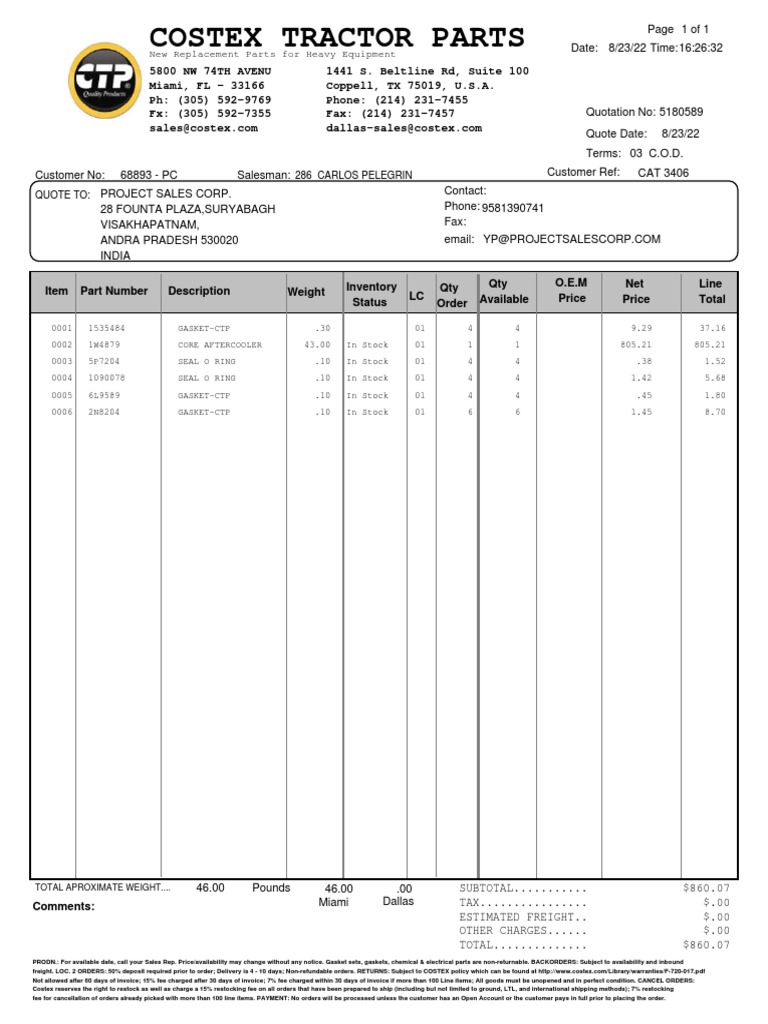 Costex Tractor Parts Quotation 5180589 | PDF | Fee | Economies