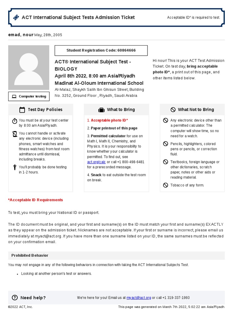 ACT International Subject Tests Admission Ticket: Emad, Nour | PDF