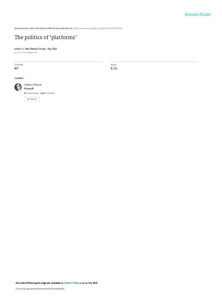GILLESPIE, Tarleton. The Politics of Platforms | PDF | You Tube ...