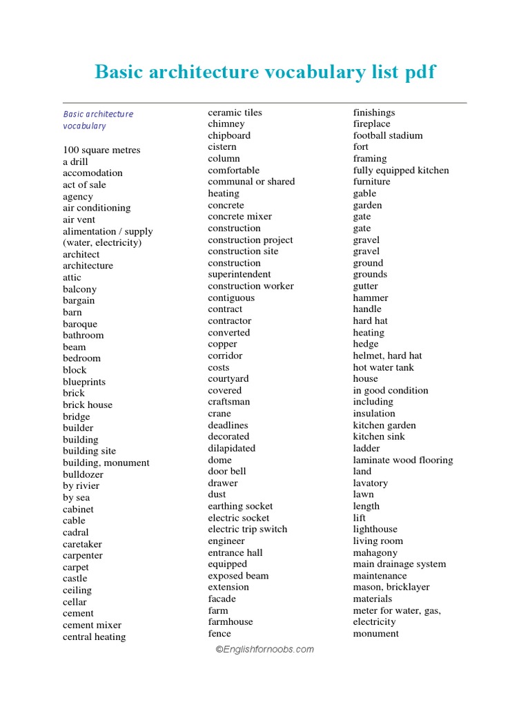 Basic Architecture Vocabulary List PDF Basement Concrete