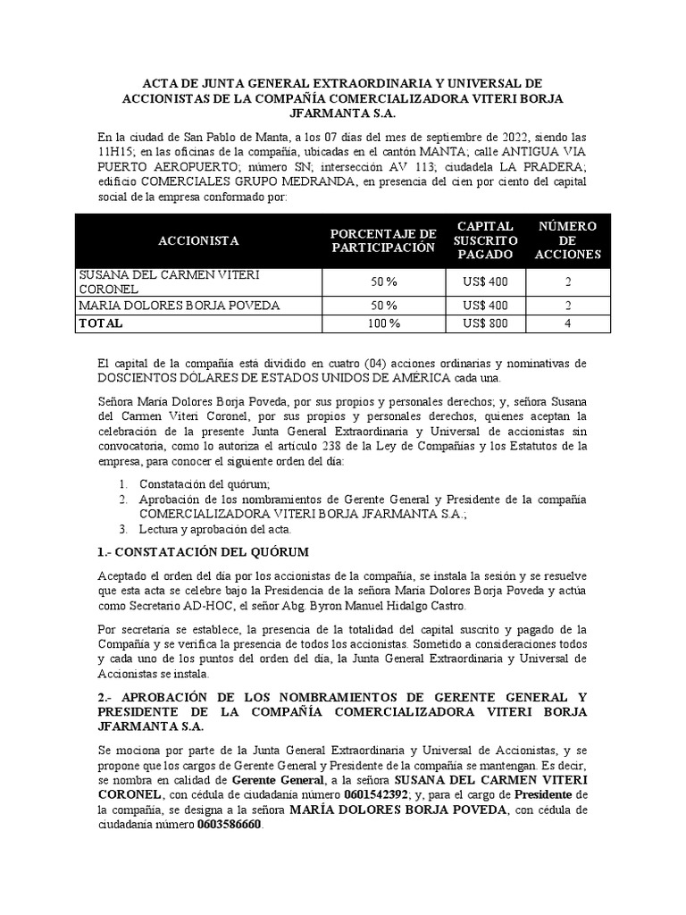 Acta de Junta General Extraordinaria y Universal de Accionistas de La ...