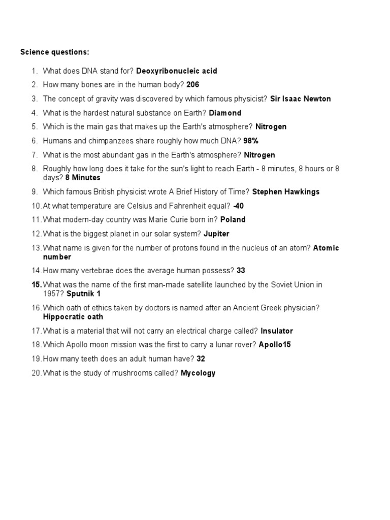 Science Questions PDF Earth