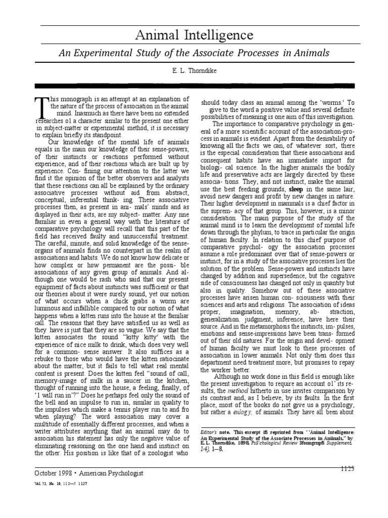 Animal Intelligence PDF Mind Psychology