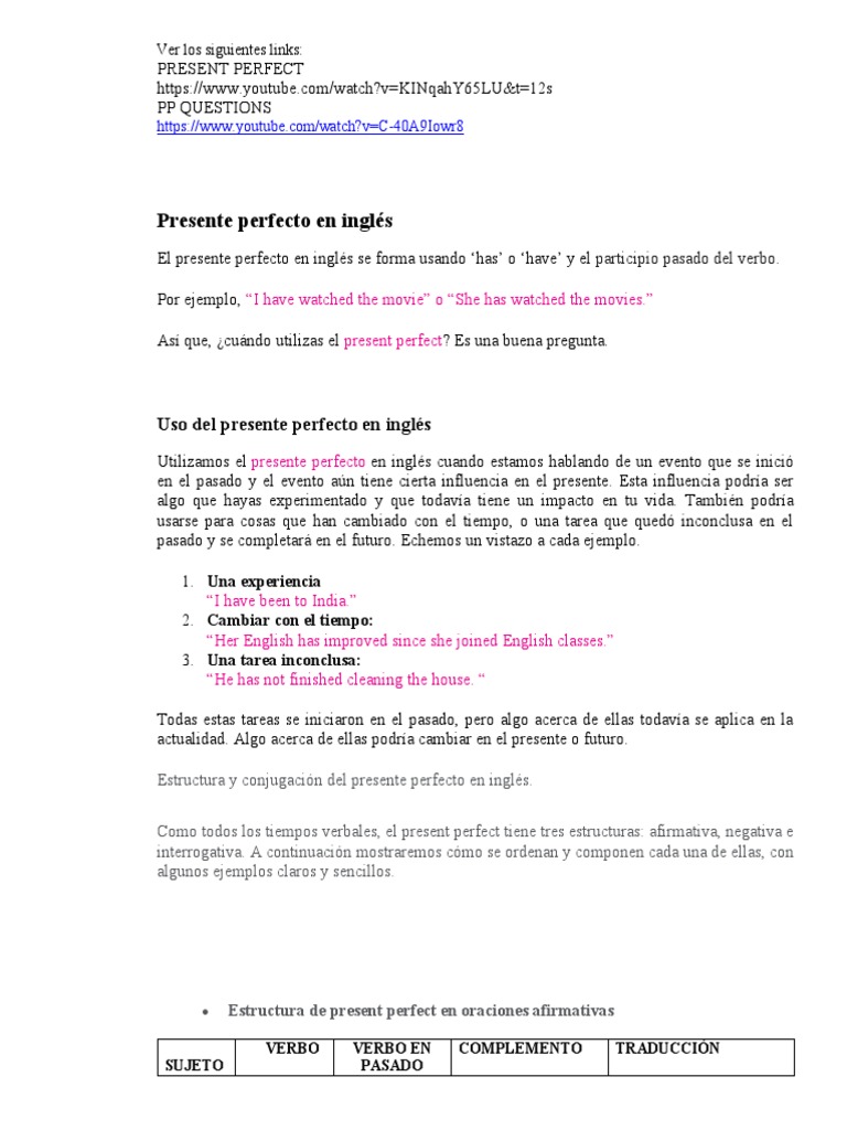 Present Perfect | PDF | Verbo | Ciencia cognitiva
