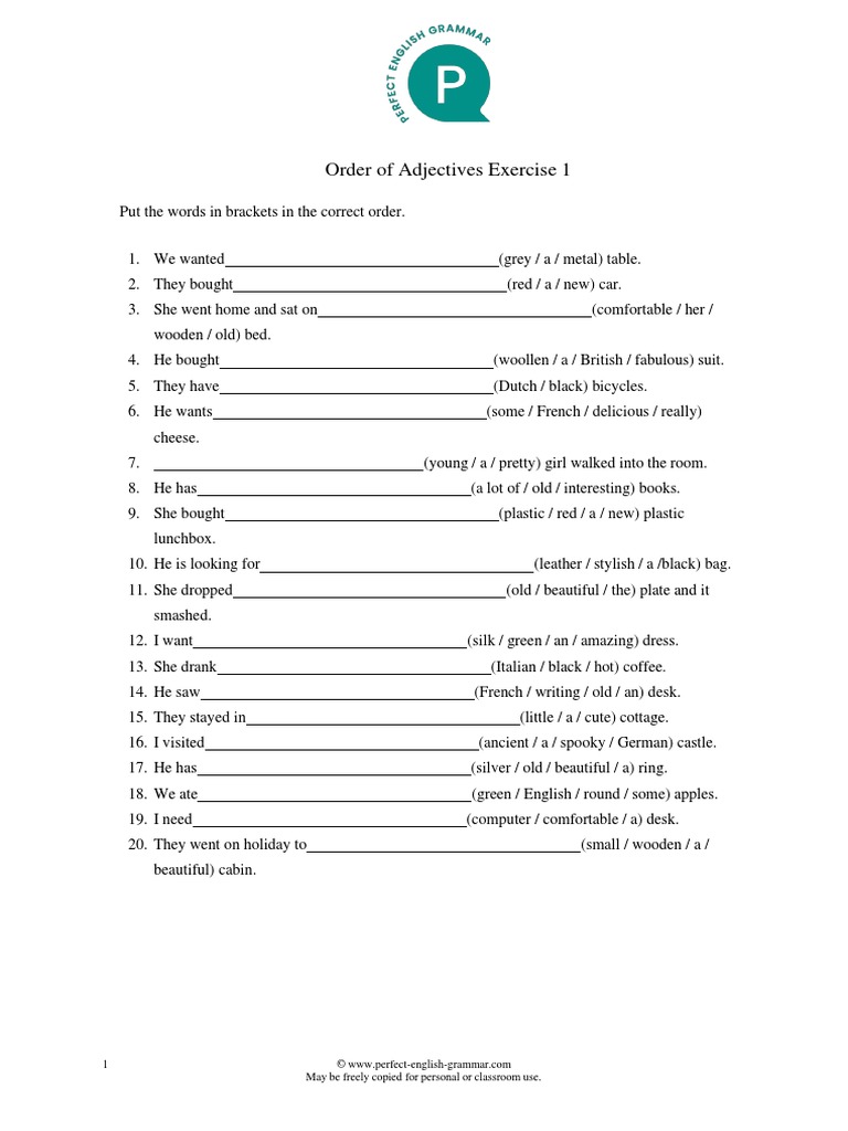 Order of adjectives exercise 1 pdf