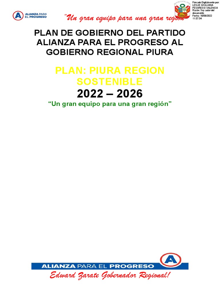 Plan de Gobierno de Alianza para El Progreso para El Gobierno Regional ...