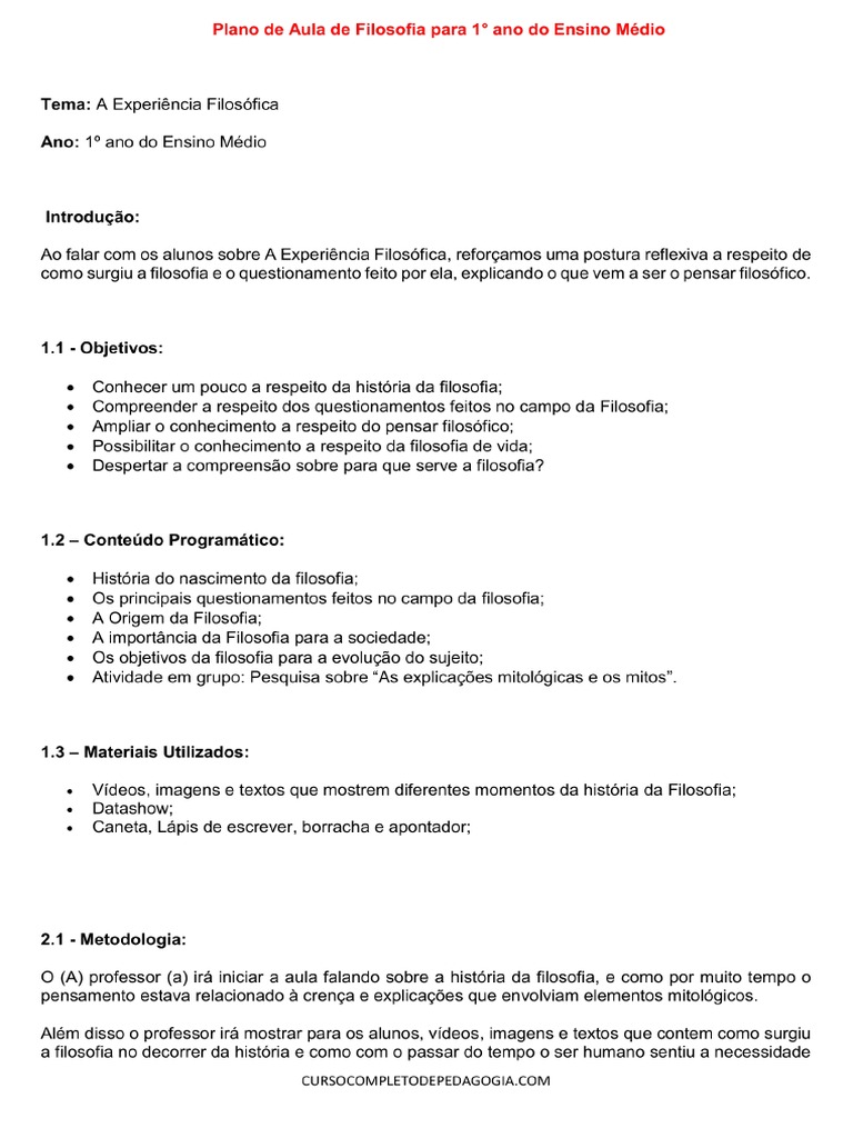 Plano de Aula de Filosofia para 1° Ano Do Ensino Medio | PDF