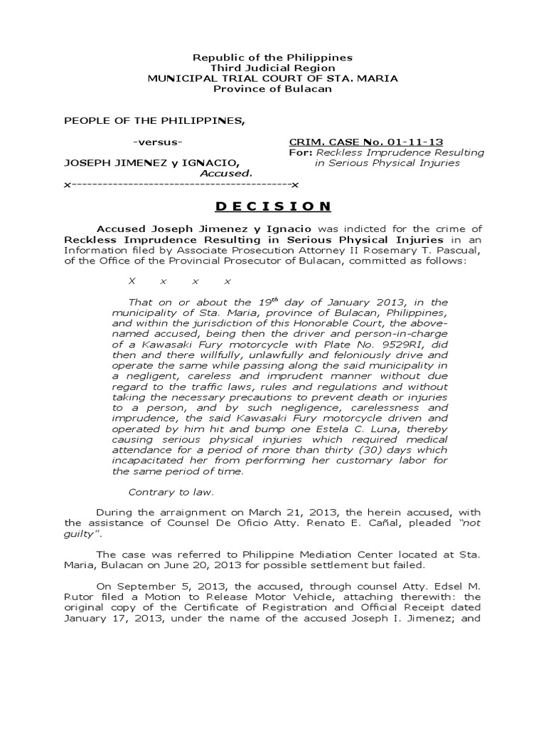 Reckless Imprudence Case Decision | PDF | Negligence | Traffic