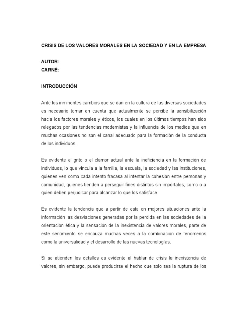 Crisis de Los Valores Morales en La Sociedad y en La Empresa | PDF ...