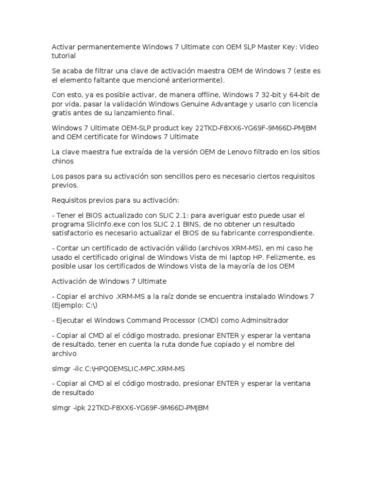Activar Permanentemente Windows 7 Ultimate Con Oem Slp Master Key