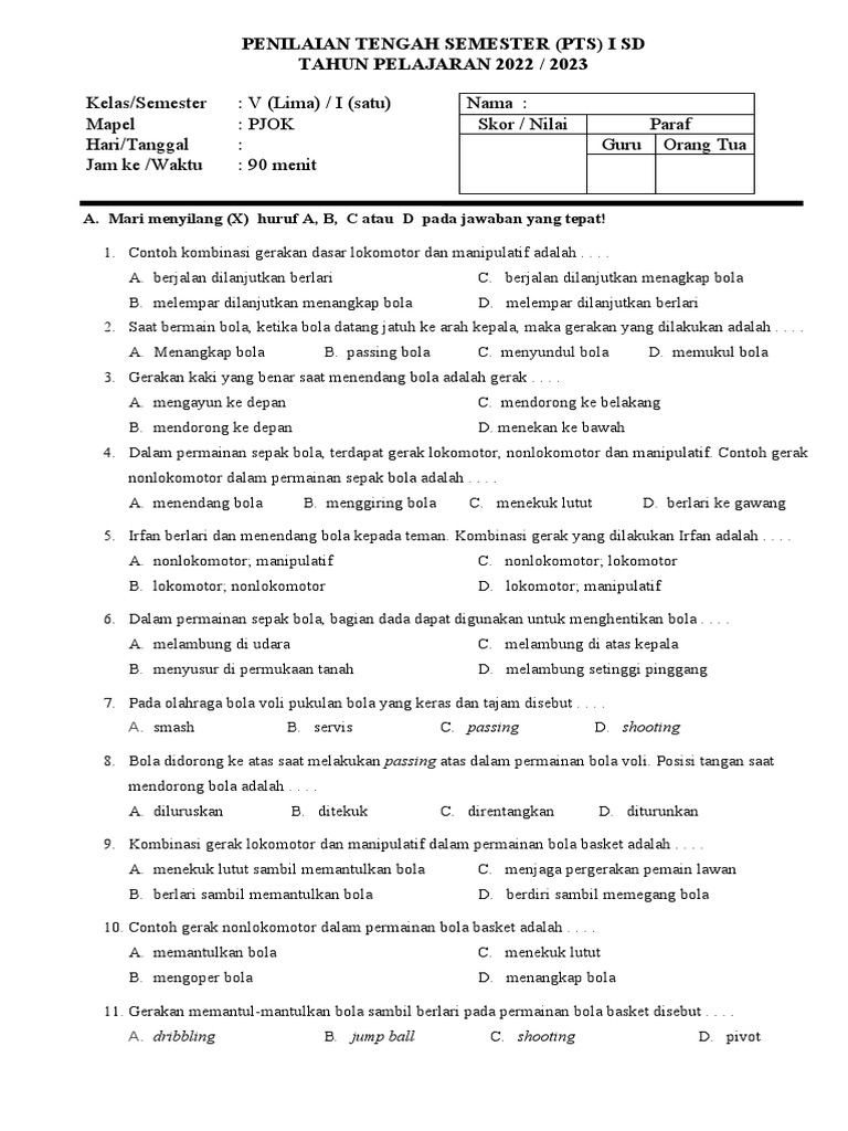 Soal UTS PJOK Kelas 5 Sem 1 20222023 Fix PDF