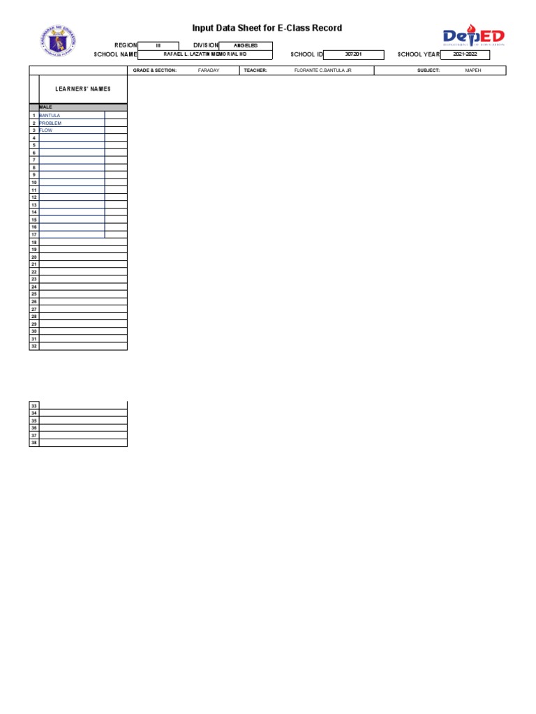 E Class Record Mapeh PDF Learning Cognition