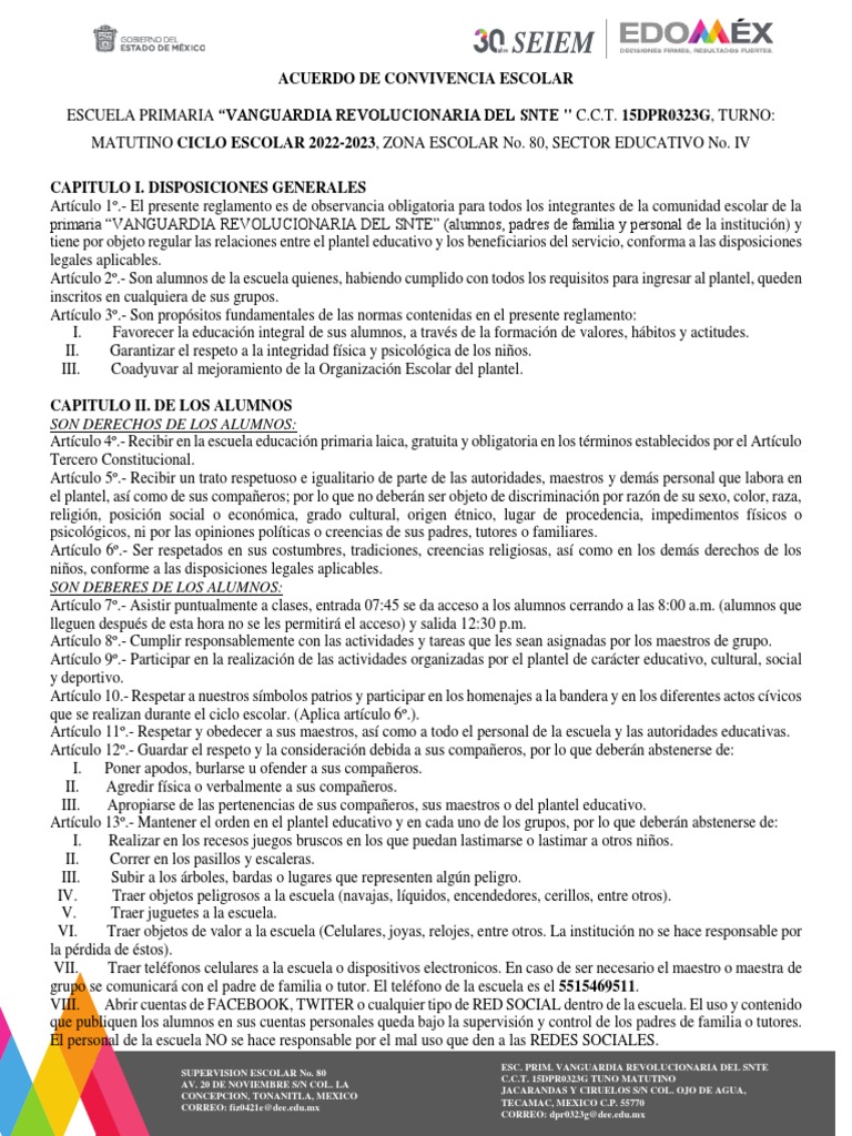 Acuerdo de Convivencia Escolar 2022-2023 | PDF | Disciplinas ...