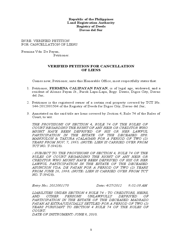 Verified petition for cancellation of encumbrances pdf natural