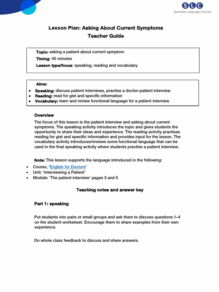 Lesson Plan - Asking About Current Symptoms | PDF | Patient | Nonverbal ...