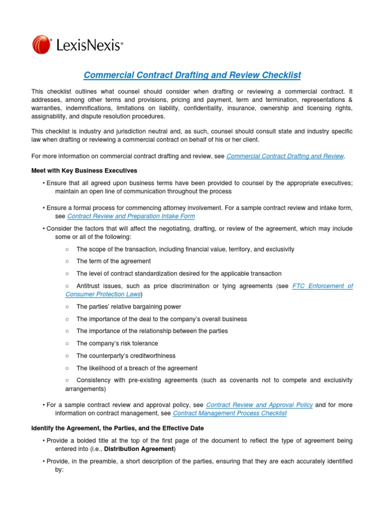 Commercial Contract Review Checklist | PDF | Indemnity | Insurance