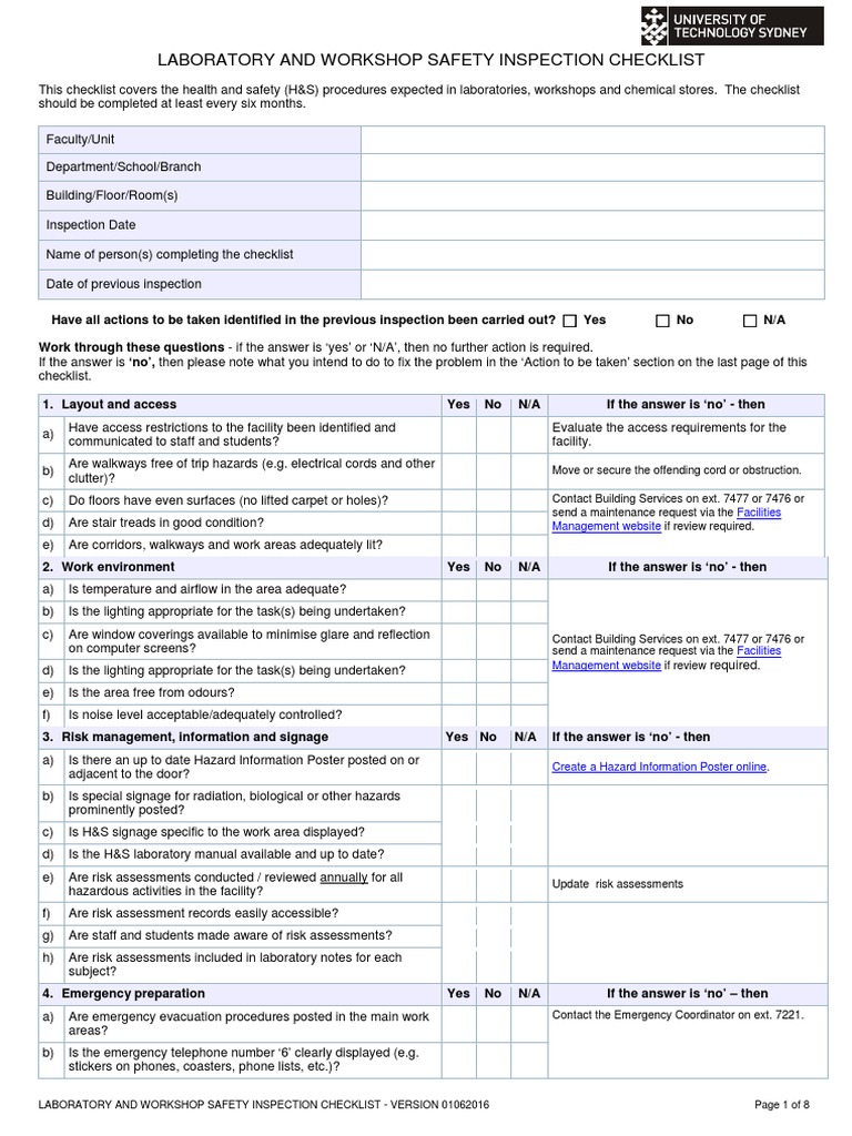 Laboratory Safety Inspection Checklist Template PDF