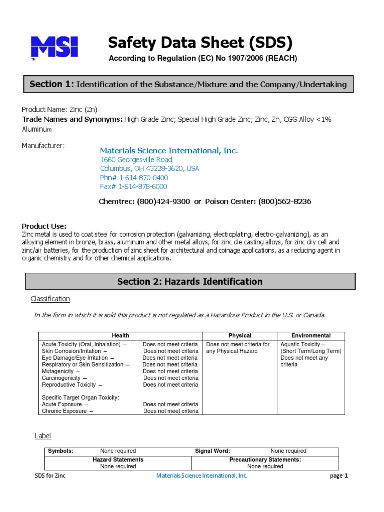 Sds Zinc Rev PDF Chlorine Toxicity