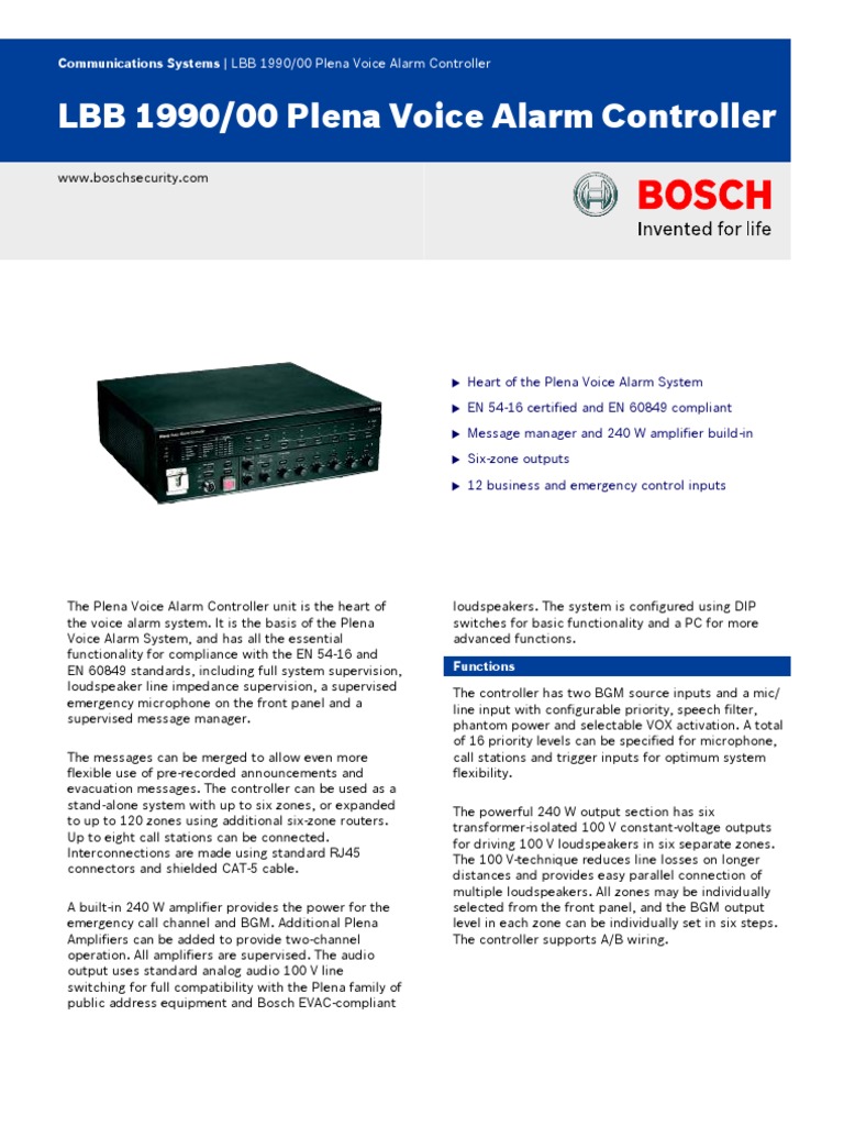 Bosch Plena Voice Alarm Controller LBB 1990 00 PDF