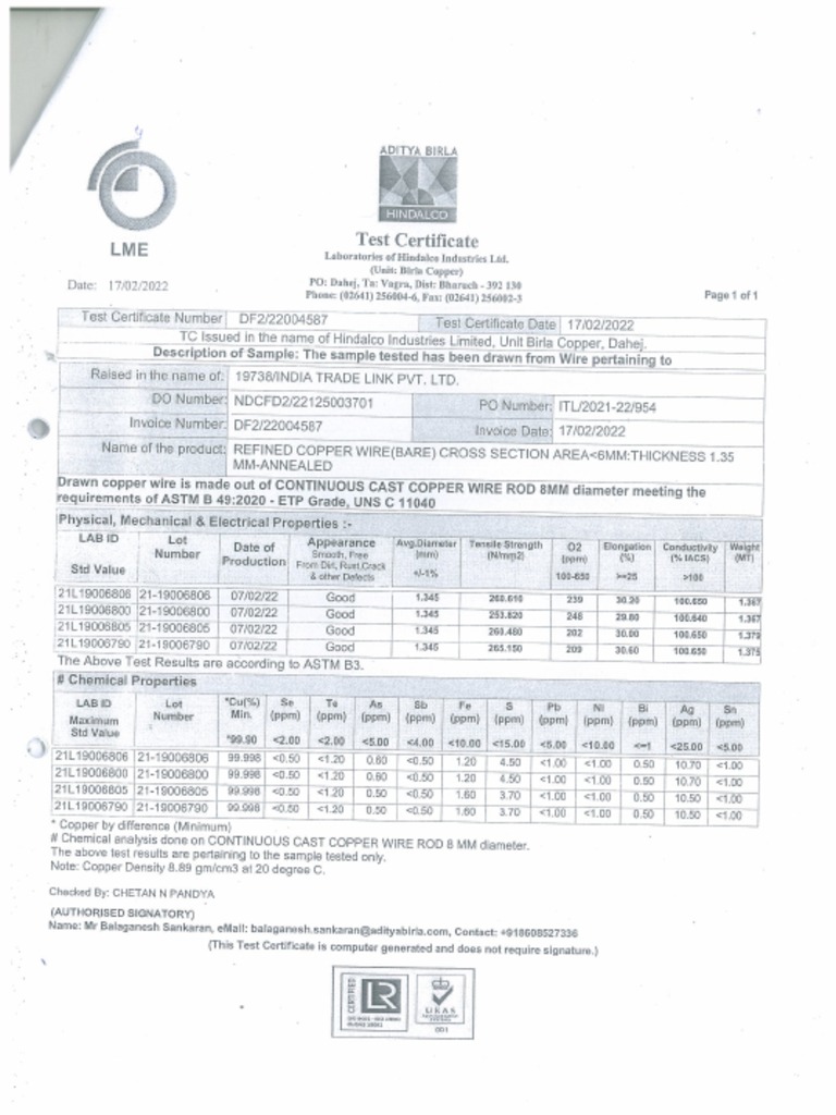 Copper rod test report pdf