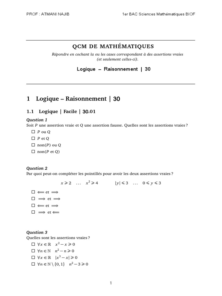QCM de Logique Mathématique 1er Bac | PDF | Inégalité (mathématiques ...
